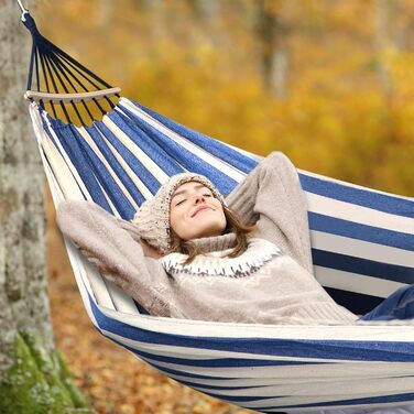 Гамак садовий ANYOO з дерев'яною перекладиною, портативний, блакитно-білий. Для тераси, саду, пляжу