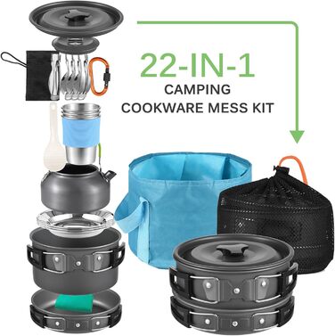 Набір посуду для кемпінгу Aomiun на 3 особи (22 частини) | Посуд для приготування їжі на природі, піших прогулянок та подорожей