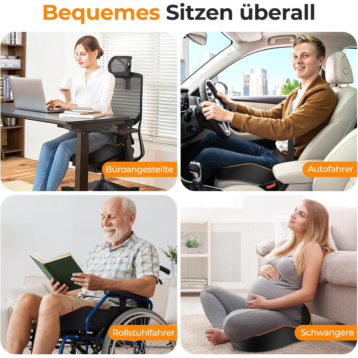 Подушка для сидіння PTYLO - ергономічна подушка для офісних крісел, автокрісел, інвалідних візків, геймінгових крісел, комфортна підтримка при тривалому сидінні, для вагітних, дихаюча, з антиковзаючим покриттям (Чорний)