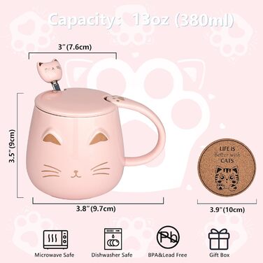 Set of 3 Cat Cups - Cute Ceramic Cat Cups with Lid, Spoon, and Coaster. Cat Coffee Mug for Women, Kids, 380ml. Christmas, Birthday Cat Gift Mug (Black, White, Pink)