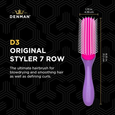 Щітка для кудрявого волосся Denman D3 (African Violett), 7-рядна для укладання, розчісування, формування та визначення локонів – для жінок та чоловіків