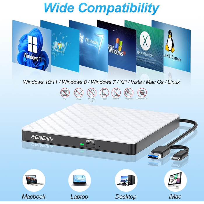Зовнішній DVD-привід USB 3.0 та USB-C, CD/DVD Brenner для ноутбука та ПК (Windows, macOS, Linux), білий