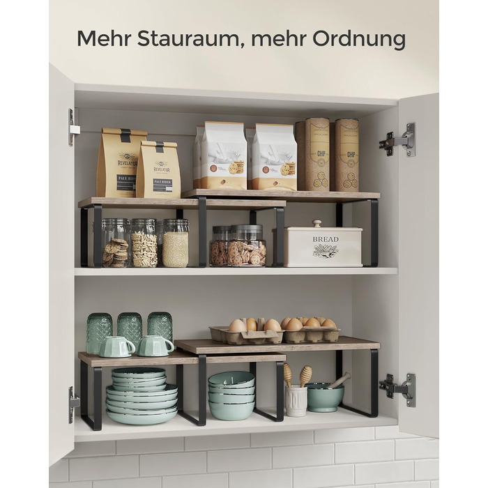 SONGMICS Spice Rack, 4-Piece Set, Kitchen Shelf, Kitchen Organizer, Expandable, Spice Holder, Stackable, with Metal Frame, 19.5 x 29.7 x 15.8 cm, Ink Black + Natural Beige KCS10NB (Ink Black + Greige Melange, 39.7B cm)