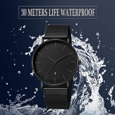 Чоловічий годинник на зап'ясті, аналоговий кварц, мінімалістичний дизайн, сталевий браслет (чорний)