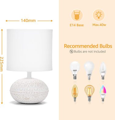 Керамічна настільна лампа Aigostar Vintage з абажуром з тканини, патрон E14, макс. 40W, сучасна лампа для спальні, вітальні, офісу (без лампочки) - H235mm (білий - H22.5cm)