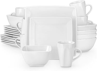 Square Dinnerware Set, Vancasso SOHO Tableware Service for 6 People, 24-Piece Stoneware Dinner Set with Dinner Plates, Dessert Plates, Bowls, and Cups, 24 Piece White