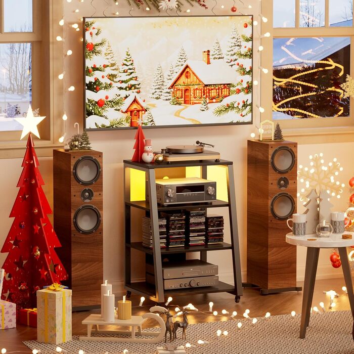 Lifewit Аудіостійка HiFi з полицями, колесами та LED-підсвіткою, 60x55x90 см, коричнево-чорна