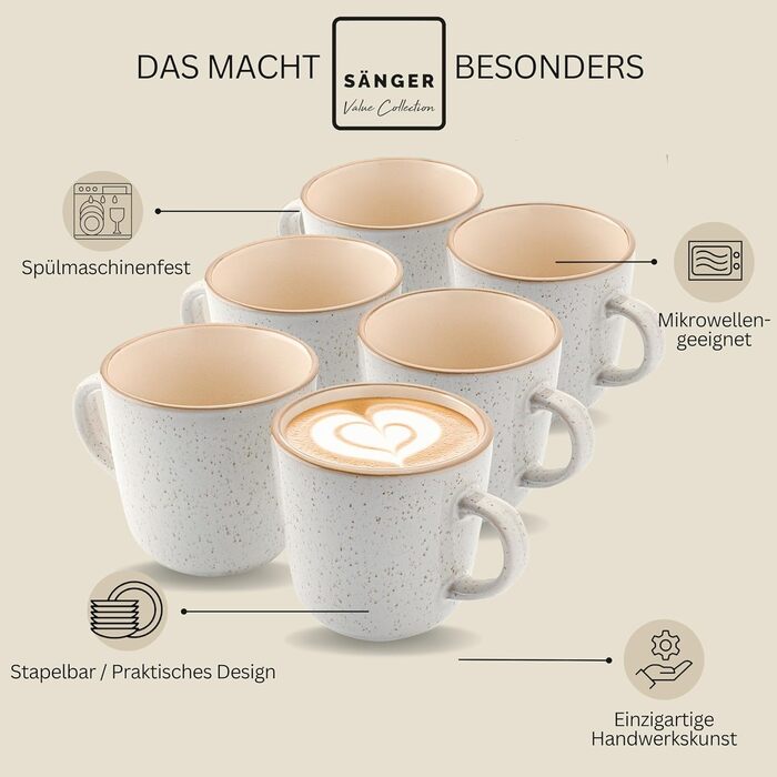 Набір кавових чашок SÄNGER Rio Creme (6 шт.) з кераміки, 430 мл. Підходять для кави, чаю, мультифункціональні, безпечні для миття в посудомийній машині та використання в мікрохвильовій печі.