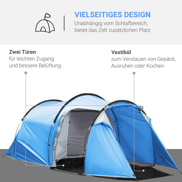 Outsunny Tunnel Tent for 2-3 People 190T Camping Tent with Stakes, Fiberglass & Polyester, Light Blue, 426x206x154cm | Aosom