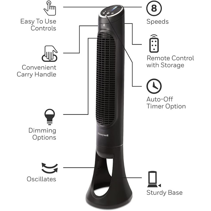 Вентилятор Honeywell QuietSet Tower HYF290 - Турбо вентилятор для дому з 5 швидкостями, осциляцією 80°, таймером та пультом дистанційного керування