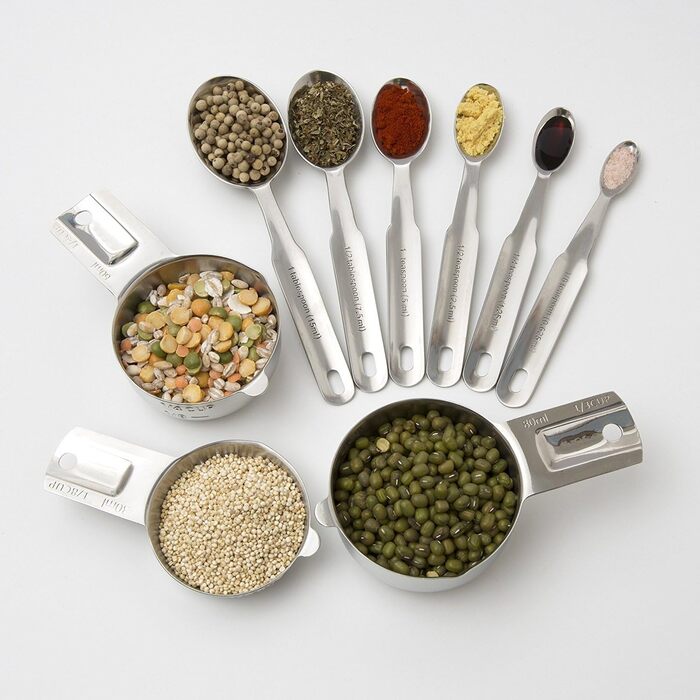 Measuring cups and spoons, 13-piece complete set of professional-grade quality 18/8 stainless steel – 7 stackable cups and 12 spoons, perfect for storing dry and liquid ingredients.