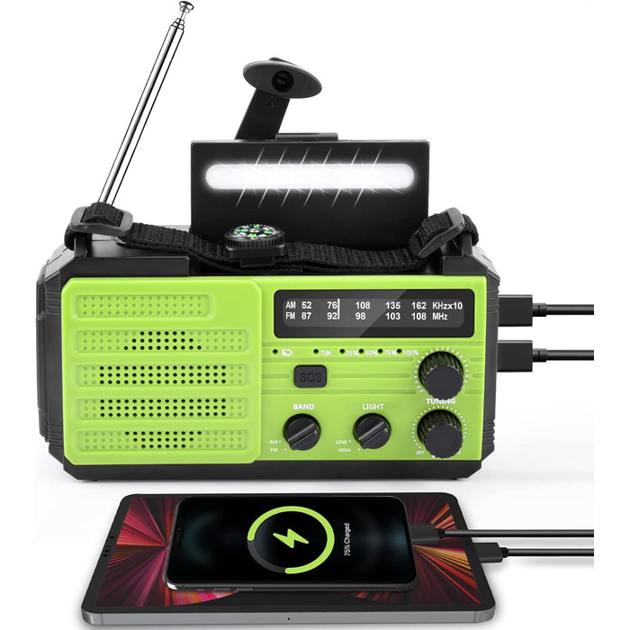 Сонячне радіо Kurbelradio 8000mAh з ручним генератором, AM/FM, LED ліхтарик, SOS, компас, IPX3, для кемпінгу та відпочинку на природі (зелене)