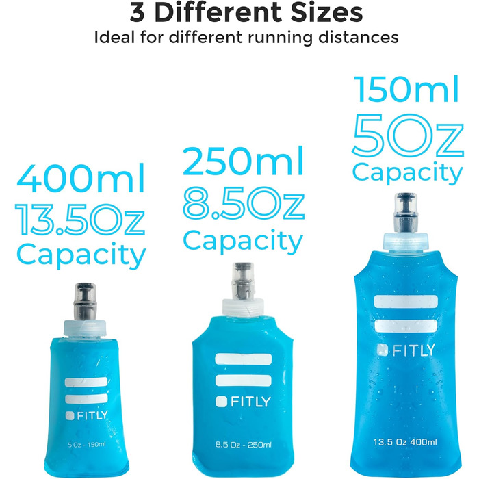 FLASKS Combo – 3 soft drinking bottles for hydration during running, hiking, cycling, climbing – Foldable water bottles (150–250 – 400 ml) – (Blue)