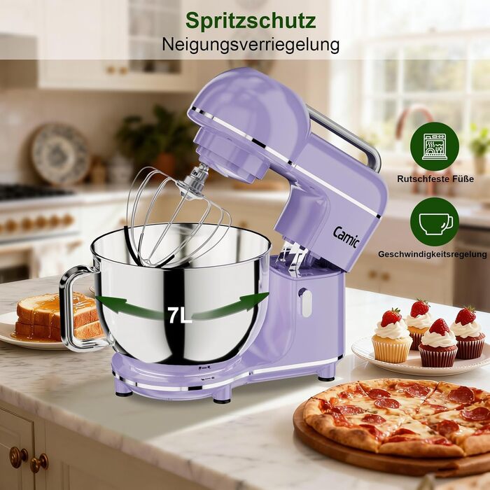 Кухонна машина Camic 2000W: планетарний міксер з чашею з нержавіючої сталі 7л, 10 швидкостями, набором насадок та захистом від бризок, світло-фіолетова