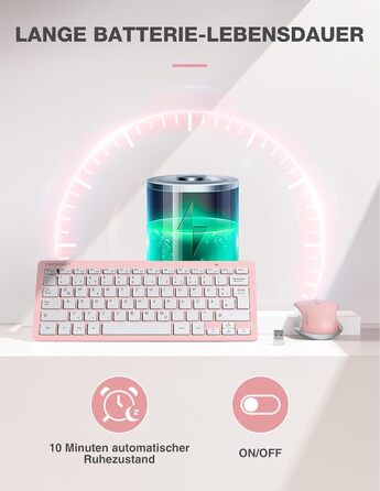 TECKNET Бездротова Клавіатура та Миша, QWERTZ, 2.4 GHz, 15м, Безшумна, для ПК, Ноутбука, Smart TV, Біла (Рожева)