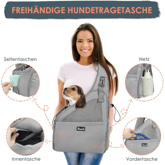 Сумка-переноска для собак та цуценят до 7 кг, сірого кольору. Зручна, з регульованим ремінцем, м'яка підкладка, сітчаста вентиляція, міцна основа, кишеня на блискавці, легко миється.