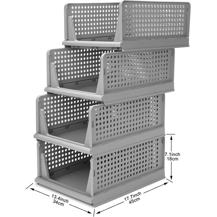 4 Foldable Plastic Storage Boxes Shelf Baskets Closet Storage Boxes Foldable Kitchen Drawer Organizers Stackable Storage Boxes Transport Boxes Closet Containers Cube Pull-Out Drawer - Grey