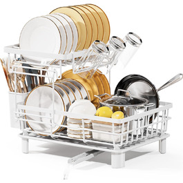 LIONONLY Dish Drying Rack, Small 2-Tier Dish Rack with Drip Tray, Stainless Steel Dish Drying Rack with Utensil Holder, Drink Holder and Swivel Spout, Dish Drying Stand Kitchen