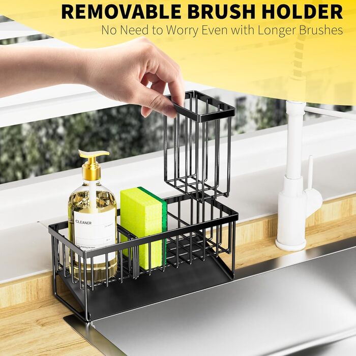 Cisily Kitchen Sink Caddy Organizer with Tall Brush Holder, Sponge Holder for Sink, 304 Stainless Steel, Kitchen Countertop, Soap Dispenser, Organizer, Kitchen Decoration and Accessories