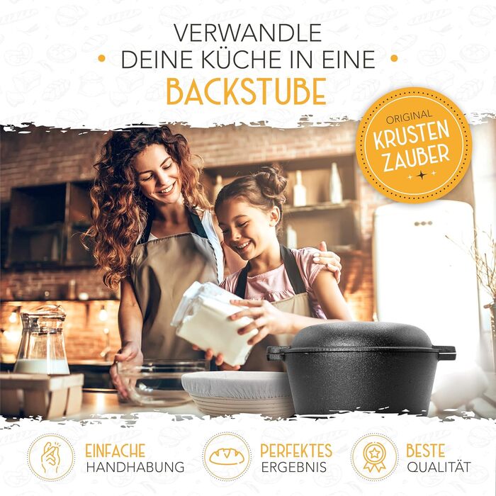 KRUSTENZAUBER 26cm Cast Iron Pot for Bread Baking incl. Proofing Basket - Robust Bread Baking Mold with Lid - Ideal Bread Pot, Bread Baking Pot, Bread Baking Set Cast Iron Pot for Baking Bread, Bread Baking Accessories, Bread Form 4.7l