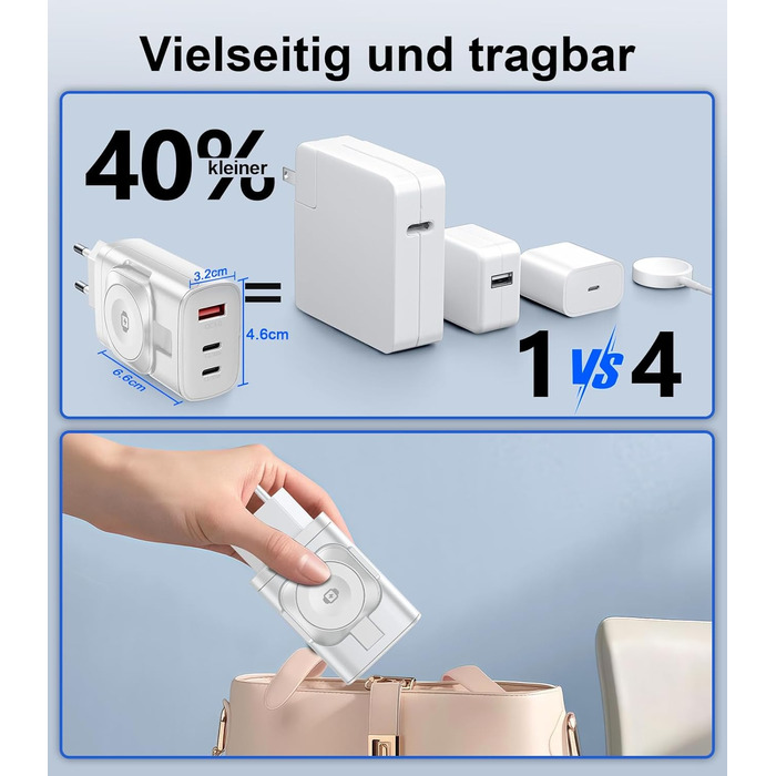 Зарядний пристрій 4-в-1 для Apple Watch та iPhone: 40W USB-C, швидка зарядка PD, сумісний з Apple Watch 10/9/8/7/6/Ultra/SE, iPhone 17/16/15 Pro Max, iPad, AirPods (Білий)