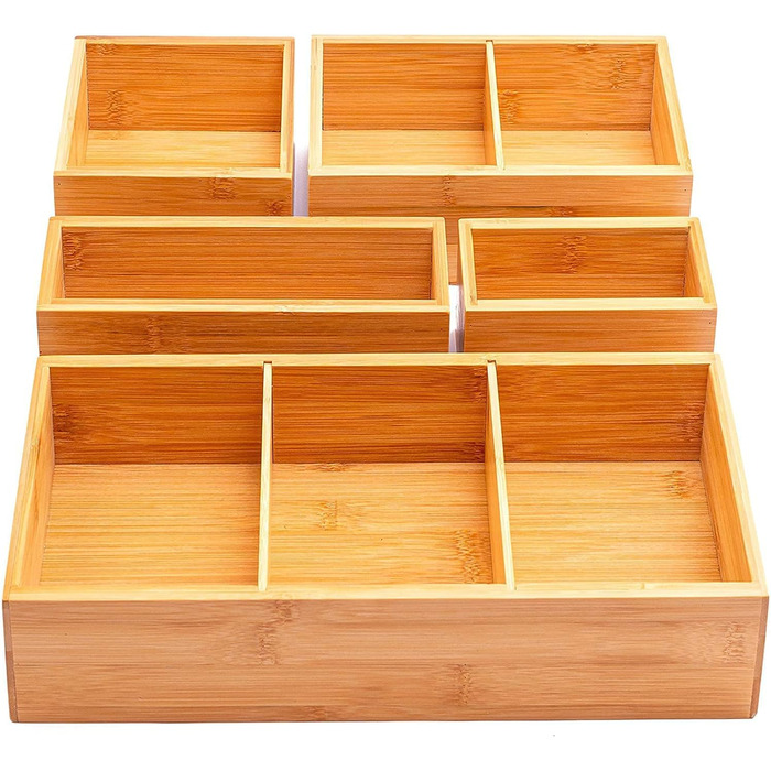 Bamboo Drawer Organizers, 5-Piece Set, with Various Compartments and Removable Dividers, Set of 5 Sturdy Wooden Storage Boxes with Extra Foot Pads for Home and Office