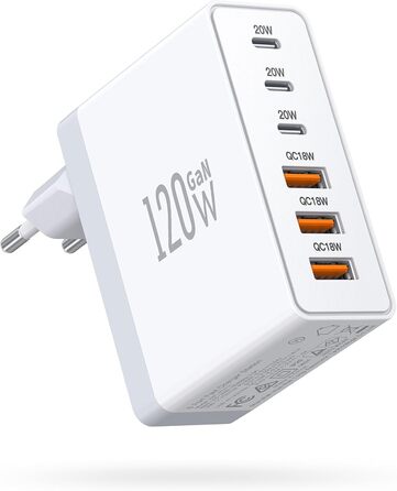Зарядний пристрій USB-C 120W з USB-A (4 порти) PD3.0 для MacBook Air, iPhone 17/16/15/14 Pro/Pro Max, Samsung та інших пристроїв – білий