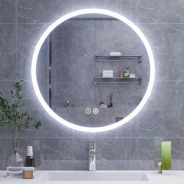 Дзеркало для ванної кімнати HySail з підсвічуванням, 5 мм, високоякісне срібне дзеркало, 3 колірні температури та регульована яскравість, настінне дзеркало з сенсорним вимикачем та антизапарюючою поверхнею, кругле (3 кольори + регулювання, 70x70 см)