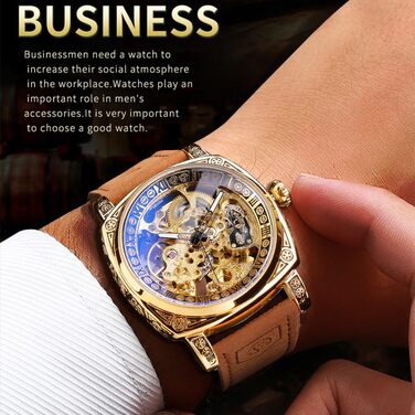 FORSINING Чоловічий годинник: квадратний ретро механічний годинник з автопідзаводом, скелетон, золотий, з шкіряним ремінцем