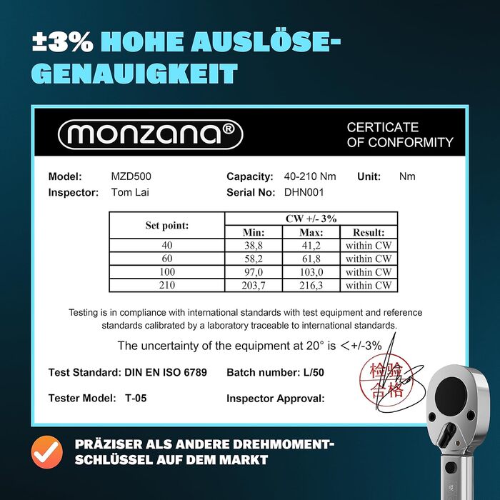 Набір динамометричних ключів Monzana 6 шт. 40-210 Нм 1/2'' CrV з тріскачкою, насадки 17/19/21 мм, подовжувач, кейс, для авто і мотоцикла, сертифікат TÜV Süd GS