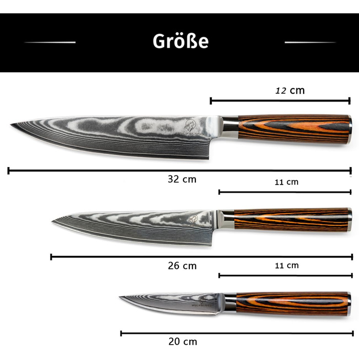 Набір кухонних ножів Wolfblood Damast 3 шт (32/26/20 см) з дамаської сталі 67 шарів, твердість 62 HRC, сертифіковано TÜV + чохол та подарункова коробка
