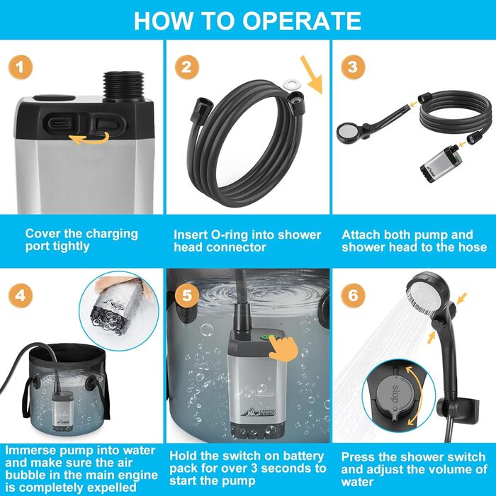 WADEO Portable Camping Shower Battery with Pump, Camping Shower with Rechargeable 6000/8000mAh Battery, Mobile Showers Outdoor Showers with Showerhead and Hose, for Camping, Travel, Garden, and Car Washing