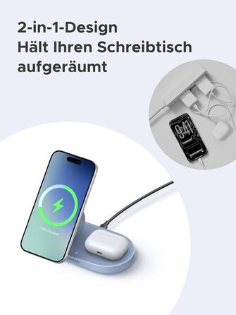 Бездротовий зарядний пристрій UGREEN 2-в-1 15W MagSafe для iPhone 15/14/13/12/17/16 та AirPods, кабель 1м - Синій