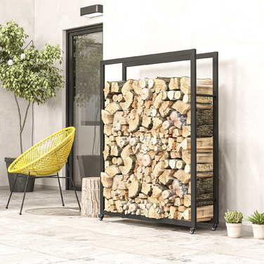 Сховище для дров Outsunny 120 x 32 x 151 см з колесами, металева полиця для дров, чорного кольору | Aosom