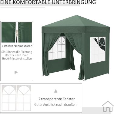 Outsunny 2x2m (6.5x6.5ft) Gazebo, Waterproof, Pop-up Folding Canopy with 4 Side Walls, Drain Holes, Windows, Foldable Party Tent, UV 30+, Garden Tent with Carry Bag, Garden Gazebo for Patio, White (Dark Green)