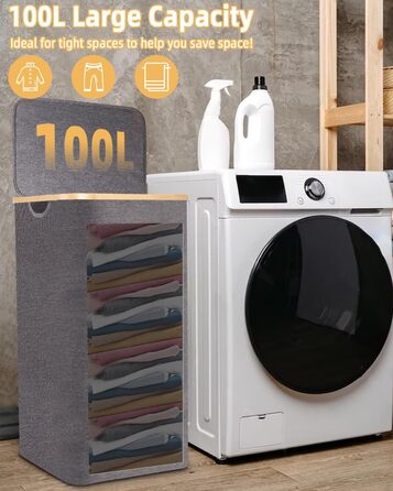 Laundry Basket with Lid 100L, Laundry Box with Bamboo Handles and Inner Pocket, Bamboo Laundry Collector, Large Capacity, Laundry Baskets, Foldable Laundry Baskets for Laundry Room, Bedroom, Bathroom (Gray)