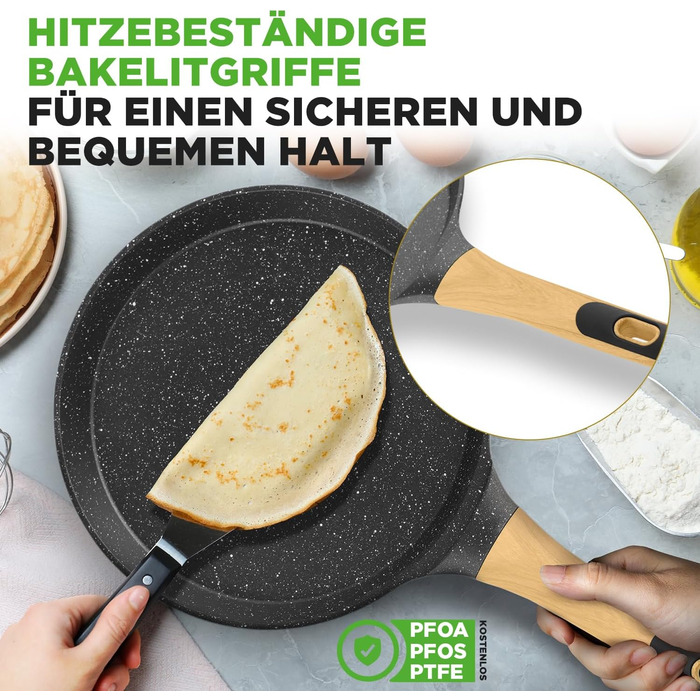 Пательня для млинців Nutrichef 28 см з антипригарним мармуровим покриттям, індукційна, з дерев'яною лопаткою