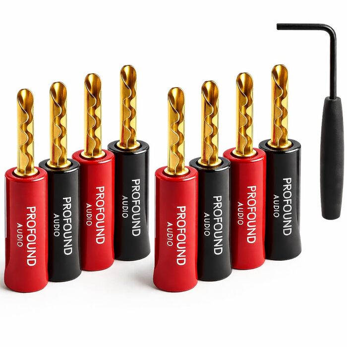 Позолочені HiFi роз'єми «банан» BFA (24K), 8 шт. — конектори для акустичних кабелів, підсилювачів та AV-ресіверів (з ключем для монтажу)