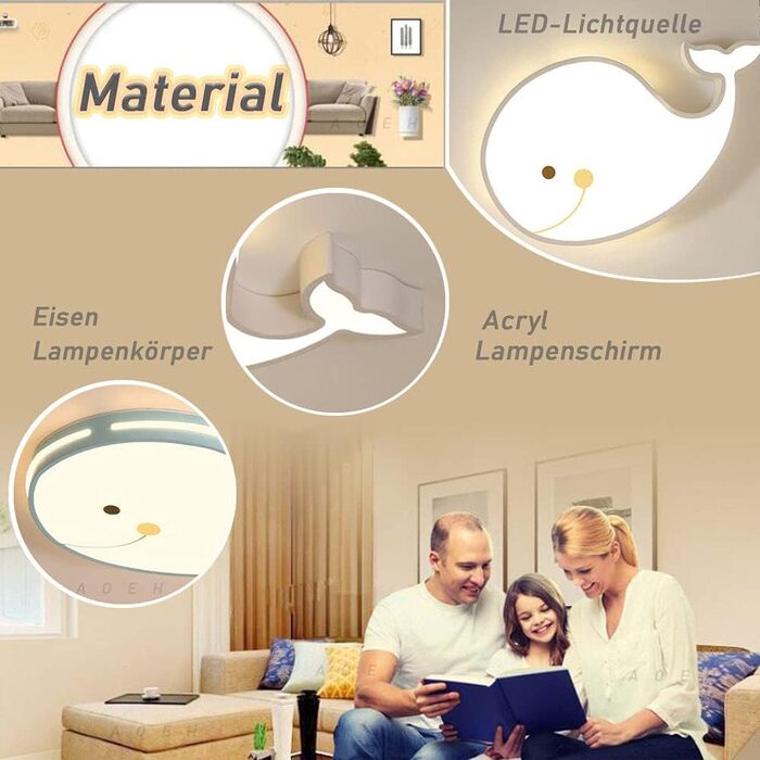 LED Ceiling Lamp Dolphin Shape Dimmable with Remote Control Boy Girl Baby Kids Children's Room Lamps Ceiling Children's Room Bedroom Lamp Room Lighting Chandelier, White, 50cm (White)