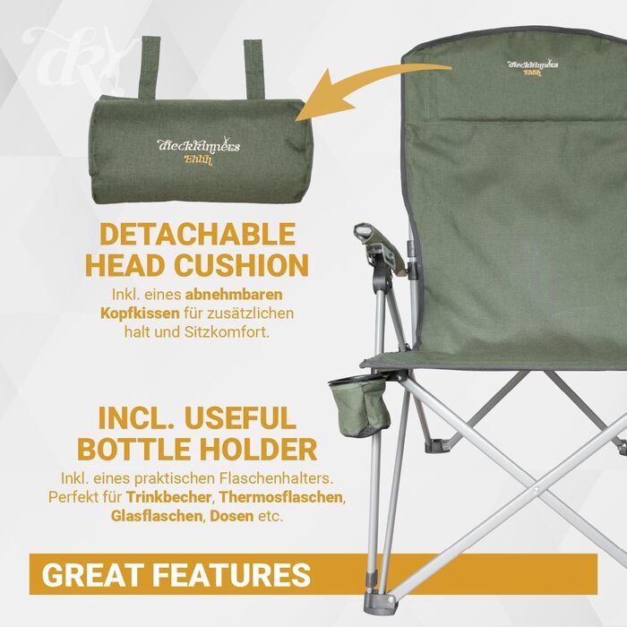 Крісло кемпінгове Dieckkiners Ehlin, сталеве, складане, з високою спинкою (3 положення), для балкона, саду, тераси, зелене