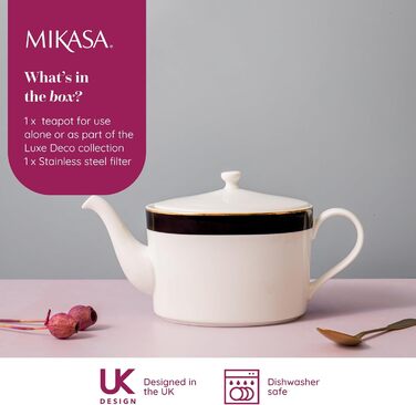 Mikasa Luxe Deco Porcelain Teapot, large 4-cup teapot with filter, 1.1L, Art Deco print and genuine gold accents, dishwasher safe