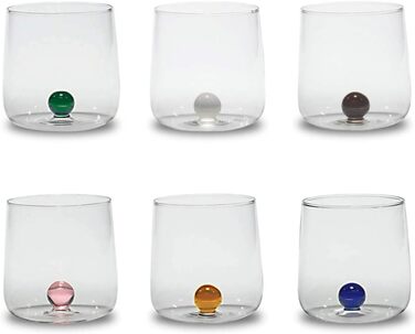 Zafferano Bilia Tumbler Set - 6 Water Glasses, transparent with a sphere in 6 different colors
