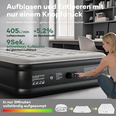 Надувний матрац OlarHike для кемпінгу та дому - 2 особи, 203x152x46 см, чорний, самонадувний