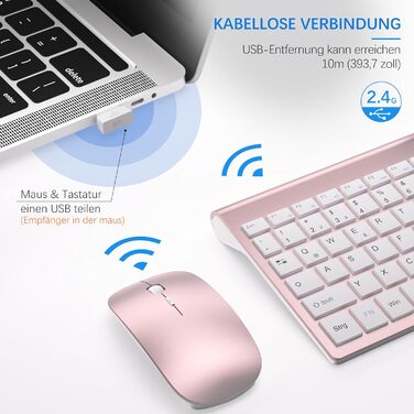 Комплект клавіатури та миші TopMate 2.4G Ultra Slim: тиха клавіатура з перемикачами Schissschalter та миша 2400DPI USB, з чохлом та батарейками AA/AAA, для ПК/ноутбука/Windows/Mac (Рожеве золото, Білий)