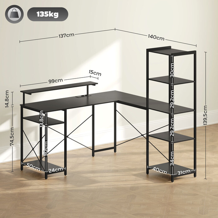 HOMCOM Desk, L-Shaped Computer Desk 137 x 140 x 139.5 cm Corner Desk with 6 Shelves, Office Desk with Monitor Stand, USB, Socket, for Home Office, Office, Black | Aosom