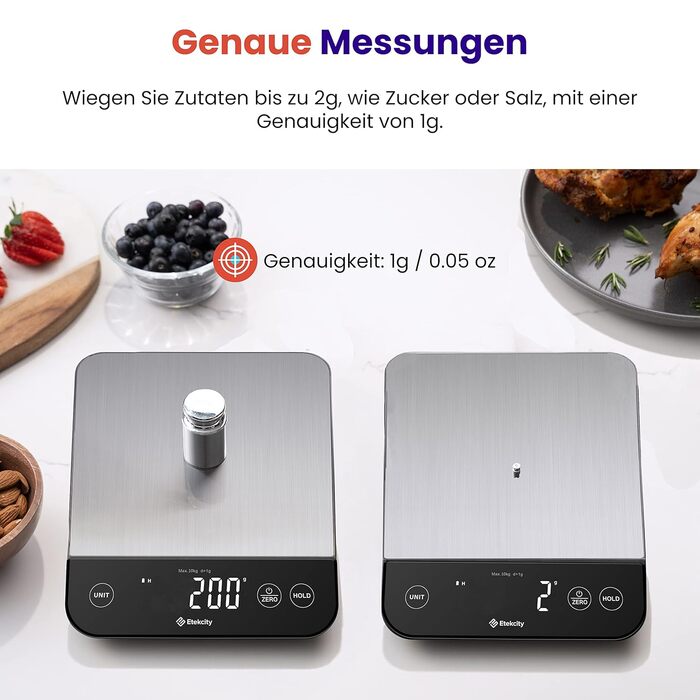 Etekcity Digital Kitchen Scale - 1g Precision, 10kg Capacity, LED Display, Tare Function, USB Rechargeable, Stainless Steel