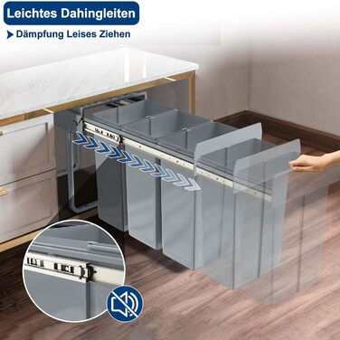 Вбудований контейнер для сміття HENGMEI для кухні, висувний, 3 секції по 10л, сірий