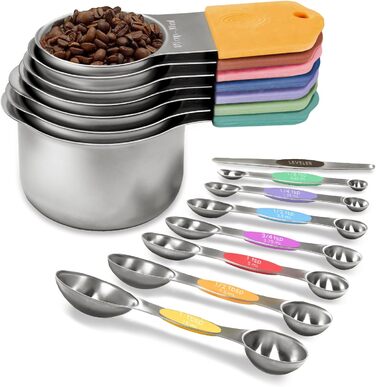 Magnetic Measuring Cup and Spoon Set, including 7 durable 304 stainless steel measuring cups and 8 magnetic measuring spoons with a leveler for cooking and baking (Color)