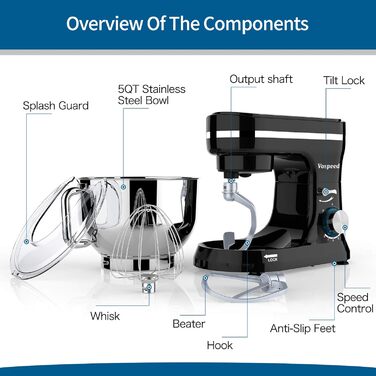 Планетарний міксер-тістоміс Vospeed, 5QT, 8 швидкостей, з чашею з нержавіючої сталі та набором насадок (гак, вінчик, міксер), чорний