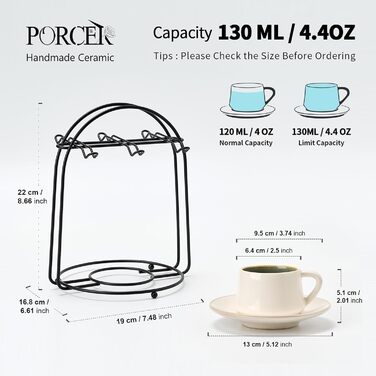 Набір керамічних чашок та підставок для кави з металевим стійкою (6 шт.), 130 мл - Cappuccino, Espresso, Latte, Americano, Чай, чорний колір